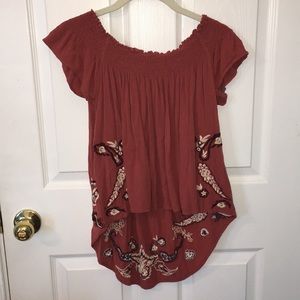 burnt orange off the shoulder top